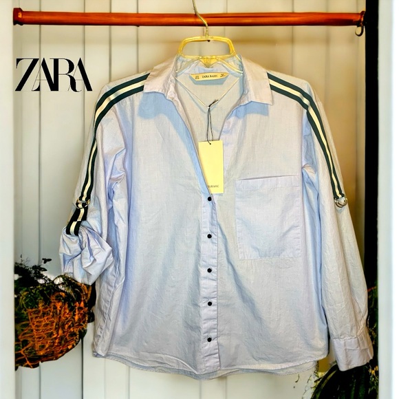🆕 ZARA Women’s light blue blouse with striped arms- Small - Picture 7 of 9